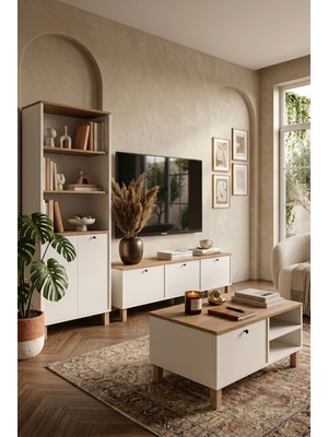 Robin Home Alaska Tv Ünitesi Orta Sehpa Kitaplık Ahşap Ayaklı 3'lü Set Ahşap-Beyaz