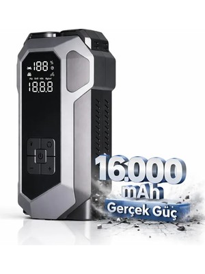 16000MAH 4’ü 1 Arada Akü Takviye Cihazı Hava Kompresörlü Powerbank LED Fenerli 12V Dizel/benzin Uyumlu Jump Starter