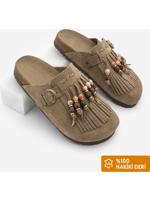 Marjin Kadın Hakiki Deri Eva Taban Püsküllü Önü Kapalı Boncuklu Sabo Günlük Terlik Serloz Toprak Süet