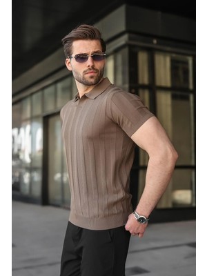 Madmext Açık Kahverengi Slim Fit Polo Yaka Triko Erkek Tişört E7491