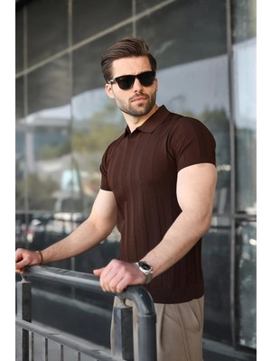 Madmext Kahverengi Slim Fit Polo Yaka Triko Erkek Tişört E7491
