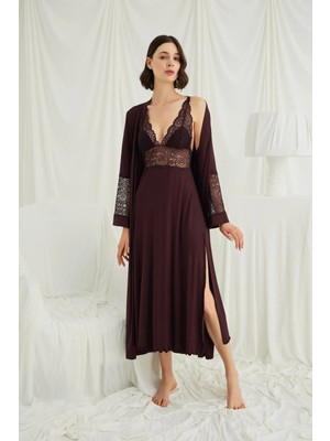 Monamise Kadın Göğüs ve Sırt Dekolteli Dantelli Sabahlık Takımı 18688