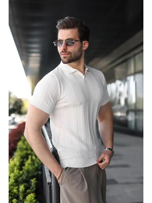 Madmext Beyaz Slim Fit Polo Yaka Triko Erkek Tişört E7491