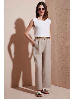 Viadante Via Dante Relaxed Fit Normal Bel Bol Paça Kemerli Keten Pantolon Bayan Pantolon 5056687