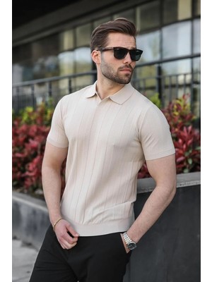 Madmext Taş Rengi Slim Fit Polo Yaka Triko Erkek Tişört E7491