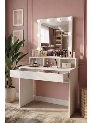 Setay Luna Aynalı Makyaj Masası / Hollywood Işıklı, Çekmeceli, Raflı Kulis Masası