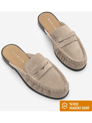Marjin Kadın Hakiki Deri Önü Kapalı Dikişli Büzgülü Makosen Loafer Günlük Terlik Calista Bej Süet