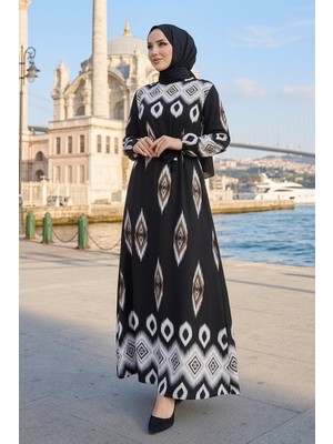 İlkimay.com Alera Desenli Viskon Elbise 1720 - Kahve