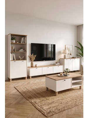 Robin Home Alaska Tv Ünitesi Orta Sehpa Kitaplık Konsol Ahşap Ayaklı 4'lü Set Ahşap-Beyaz