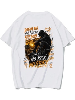 Brz Collection Unisex Oversize No Risk No Story T-Shirt (Beyaz)