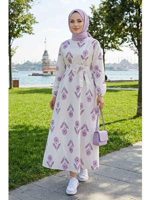 İlkimay.com Mayra Desenli Keten Elbise 1717 - Lila