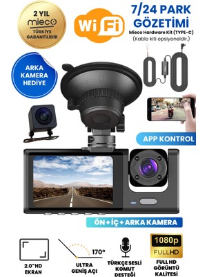 Mieco 1s Wifi / App /1080P / Fhd/ 170° Ultra Geniş Açı/gece Görüş/ G-Sensörü 3 Kameralı Araç Kamerası (2026)