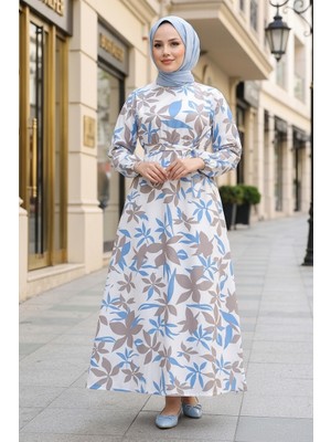 İlkimay.com Zerya Desenli Keten Elbise 1718 - Mavi