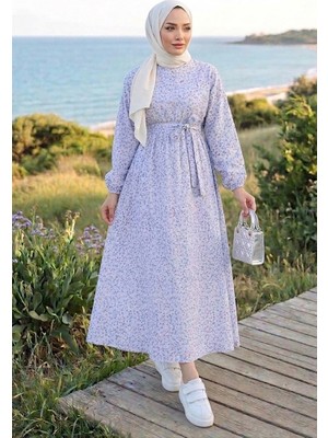 İlkimay.com Eyser Desenli Keten Elbise 1716 - Gri