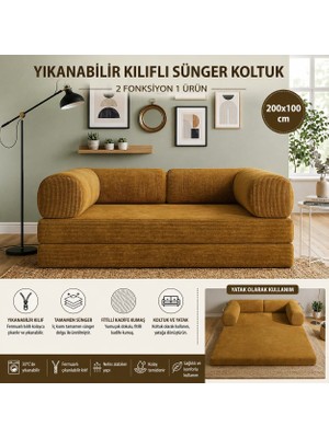 Colormix 3 Kişilik Katlanır Koltuk Yatak 200X100 cm Yıkanabilir Kılıf Tam Sünger Fitilli Kadife Kumaş Kanepe Yatak