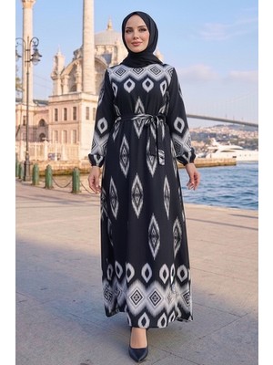 İlkimay.com Alera Desenli Viskon Elbise 1720 - Siyah