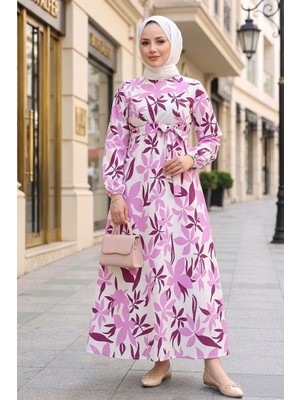 İlkimay.com Zerya Desenli Keten Elbise 1718 - Pembe