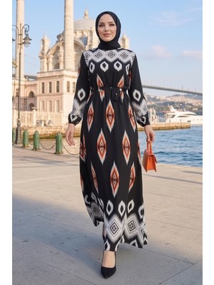 İlkimay.com Alera Desenli Viskon Elbise 1720 - Turuncu