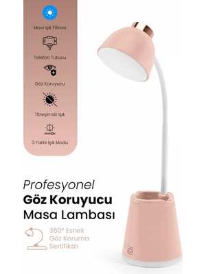 Kensa Göz Korumalı LED Masa Lambası – Mavi Işık Filtreli, 4 Işık Modlu, Telefon Tutuculu, 360° Esnek Gövde