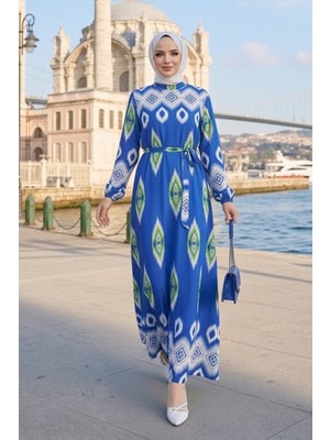 İlkimay.com Alera Desenli Viskon Elbise 1720 - Mavi