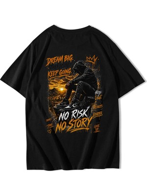 Brz Collection Unisex Oversize No Risk No Story T-Shirt Siyah