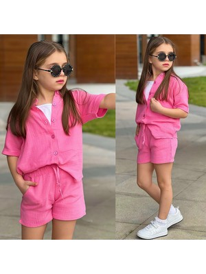 Bambam Kız Çocuk Pembe Müslin Şortlu Takım – Yazlık Rahat & Şık Kombin 5001P