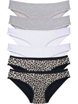 Byb Moda Tasarım 6 Adet Likralı Kadın Slip Külot Leopar Gri Beyaz