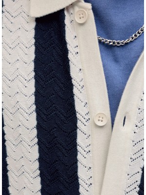 Jack & Jones Mavi Erkek Loose Fit Şeritli Kazak 12272863 Jortyler Knıt Ss Polo Sn