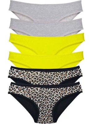 Bemy Store 6 Adet Likralı Kadın Slip Külot Leopar Gri Sarı
