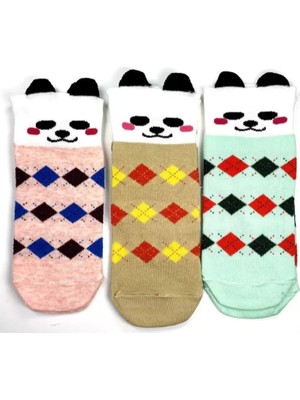 Bemy Store 3 Çift Köpek Temalı 3 Boyutlu Kulaklı Pamuk Ekose Kadın Bilek Çorap