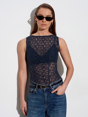 Dilvin 21202 Dantel Detaylı Kolsuz Top-Indigo