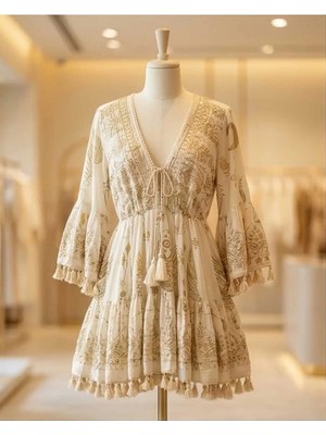 Antica Sartoria Stil Bohem Çiçek Desenli Nakışlı Maxi Elbise - Püskül Detaylı