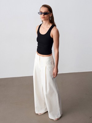 Dilvin 72666 Geniş Paça Pileli Pantolon-Ekru