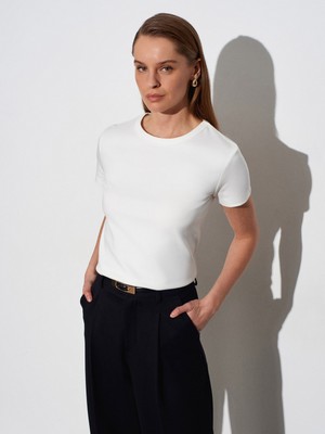 Dilvin 32779 Bisiklet Yaka T-Shirt-Ekru