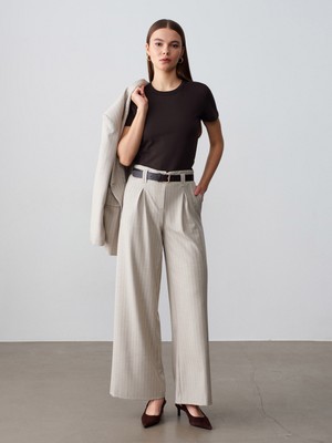 Dilvin 72682 Kemerli Pileli Pantolon-Taş