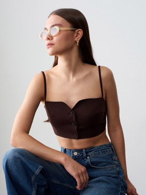 Dilvin 60614 Crop Yelek-Kahve