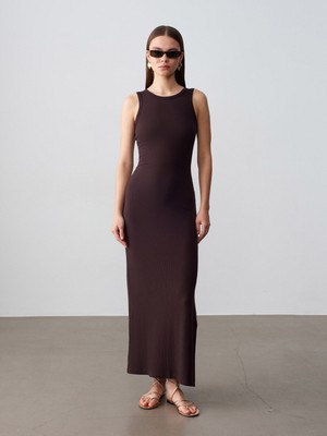 Dilvin 91652 Fitilli Midi Elbise-Koyu Kahve