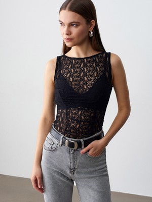Dilvin 21202 Dantel Detaylı Kolsuz Top-Siyah