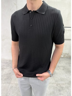 Difransel Jeans Kendinden Çizgi Desen Polo Yaka Siyah Tişört