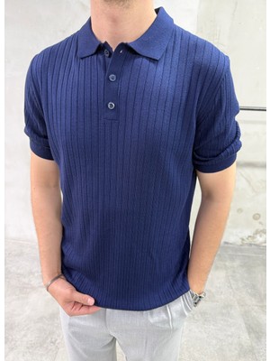 Difransel Jeans Kendinden Çizgi Desen Polo Yaka Lacivert Tişört