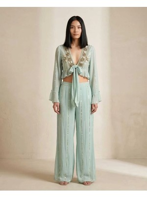 İTHAL Turkuaz -Gold Işlemeli Ikili Set — Bağcıklı Crop Bluz & Yüksek Bel Geniş Paça Pantolon