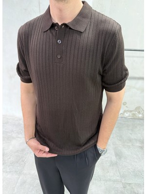 Difransel Jeans Kendinden Çizgi Desen Polo Yaka Kahve Tişört
