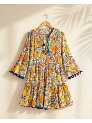 Antica Sartoria Stil Bohem Çiçekli Mini Elbise - Nakış Işlemeli ve Püsküllü Tunik