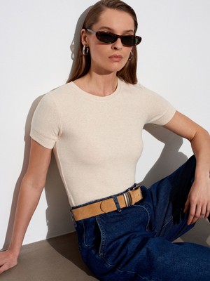 Dilvin 32637 Bisiklet Yaka T-Shirt-Bej Melanj