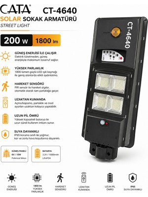 Cesaa Elektrik CT-4640 200 Watt Kumandalı Fotoselli Solar Sokak Lambası Sokak Armatürü Bahçe Aydınlatması
