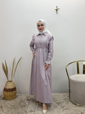 JOOQSTORE Kolu Fırfırlı Çizgili Elbise