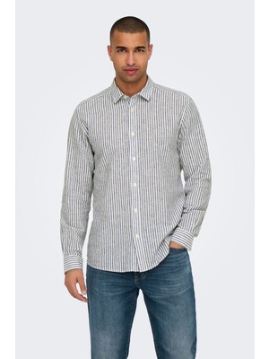 Only & Sons Onscaiden Çizgili Pamuk ve Keten Karışımlı Slim Fit Gömlek Erkek Gömlek 22026601