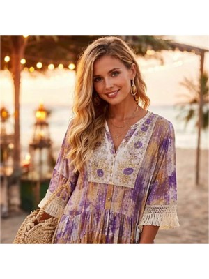 İTHAL Tunik Elbise Mor ve Camel Batik Desenli Nakışlı - Sim Çizgili ve Püskül Detaylı Bohem Stil