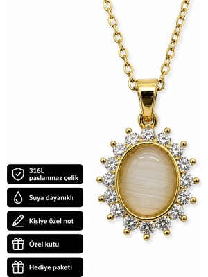 Herşey Nota Gold Renk Oval Taşlı 316L Çelik Kolye Kadın Hediye Şık Tasarım