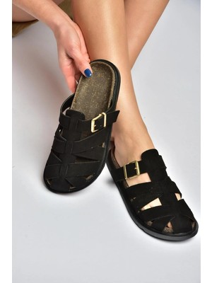 Fox Shoes Y596549502 Siyah Süet Tokalı Önü Kapalı Kadın Terlik